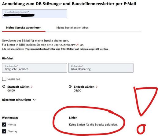 Screenshot der Anmeldeseite zum Baustellennewsletter. Alle Felder sind ausgefüllt, es wird angezeigt, das keine Linien gefunden werden..