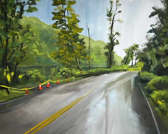 A painting of a wet road curving alongside a creek, bordered by lush green trees and hills. The road surface reflects the sky, and a row of orange traffic cones connected with yellow tape marks the edge near the creek.