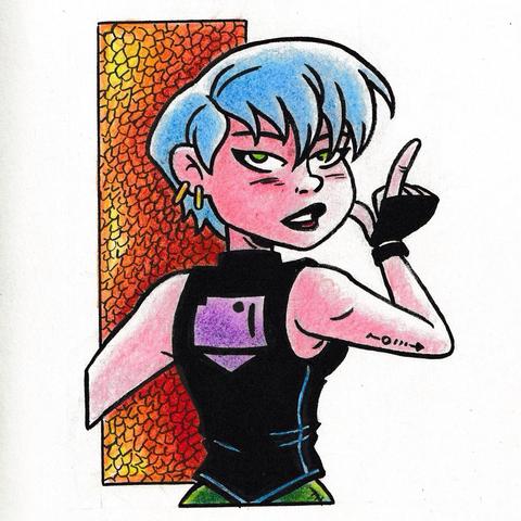 Young woman with short blue hair and two gold earrings in her right ear. Standing with her back to the viewer looking over her right shoulder.

She is wearing a sleeveless black top with a purple symbol on the back, black fingerless gloves and green pants.

Behind her is an abstract shape rendered in various shades of orange and yellow.