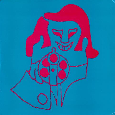 Pochette du 7" de Stereolab intitulé "The light that will cease to fail" représentant "Cliff", un personnage issu d'une bande dessinée situationniste suisse, personnage au cheveu long, et un pistolet vu de face à la place de la main. Le personnage est rose sur un fond bleu.