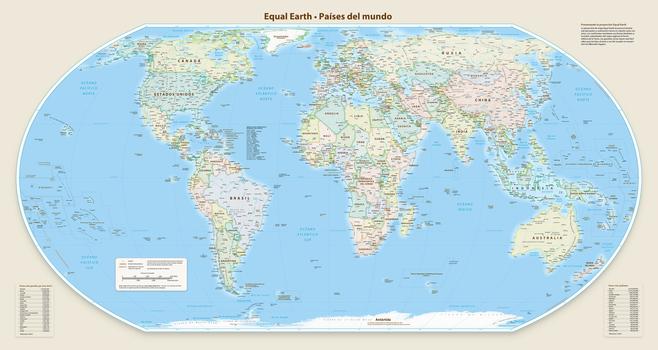 La proyección Equal Earth, recomendada por la campaña Correct The Map para sustituir a la clásica de Mercator, que genera distorsiones en el tamaño de los países a medida que nos alejamos del Ecuador y nos acercamos a los polos.