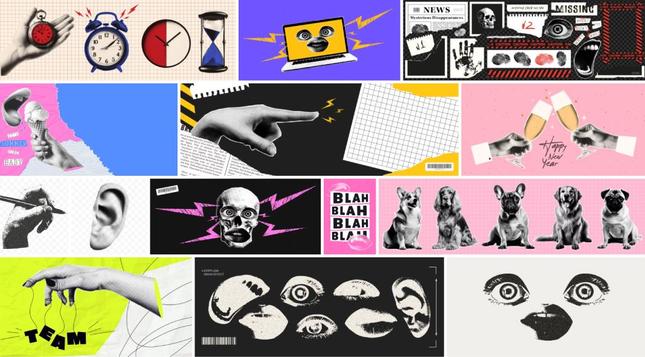 Download funky collage-like, halftone vector graphics characterized by pop art, surrealism, and vintage aesthetics