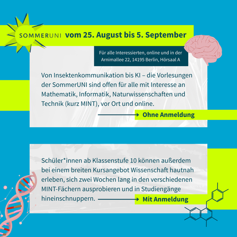 Die Grafik zeigt einen Infopost über die SommerUNI, ein jährlich wiederkehrendes Angebot der Freien Universität Berlin. Zwei volle Wochen können Interessierte und Schüler*innen ab der 10. Klasse in die verschiedenen MINT-Fächer hineinschnuppern.