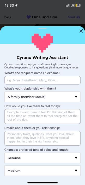 An interface of the Cyrano Writing Assistant application, designed to help users write meaningful messages. It contains fields for recipient's name, relationship designation, desired emotional impact, relationship details, and preferred tone of voice.