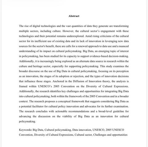 Image contains a document titled "Abstract" discussing the impact of digital technologies and Big Data on cultural policymaking. It addresses challenges, opportunities, and the need for innovative approaches within the cultural sector, framed by UNESCO's 2005 Convention on the Diversity