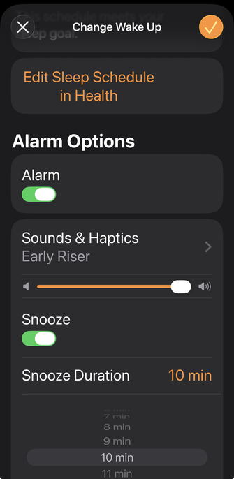 A screen capture of the new iOS 26 feature 'Snooze Duration', where you can change the number of minutes you snooze from 9 to ... something other than 9.