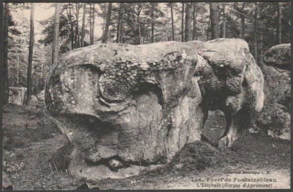 Printed monochrome postcard showing a view of the rock formation known as l'Eléphant in the Forest of Fontainebleau in France.

Published by L. Menard, No 144, c.1910.

Postally unused.

Excellent condition, with minimal corner bumps.