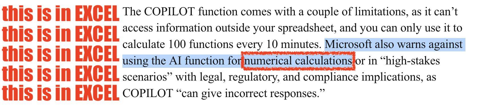Snippet from a story about Copilot in Excel that includes the highlighted line, "Microsoft also warns against using the AI function for numerical calculations...." Red text has been added saying, "this is in EXCEL".