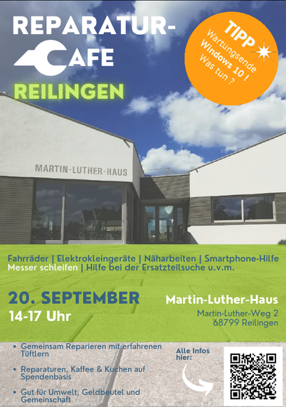 Werbeplakat für das Reparatur-Café Reilingen. Text und das Martin-Luther Haus als Hintergrundbild.
