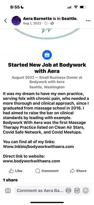Milestone of 3 years in my own practice. It was my dream to have my own practice serving folks with chronic pain, who needed a more thorough and clinical approach, since I graduated in 2016. I had aimed to raise the bar in clinical standards by leading with example. Bodywork with Aera was the first massage therapy practice listed on Clean Air Stars, Covid Safe Network, and Covid Meetups. 

The linktree listed here changed to Hopp.bio/Aera 

The website is still www.bodyworkwithaera.com