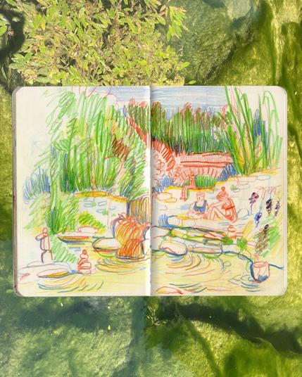 Croquis crayons de couleurs, paysage de rivière avec des personnes au bord de la rivière.