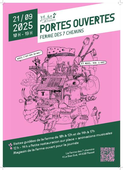 Affiche des portes ouvertes à la Ferme des 7 chemins le 21 septembre 2025. Dessin d'une créature imaginaire qui se compose des différentes composantes de la ferme (animaux, végétaux, outils, bâtiments....)