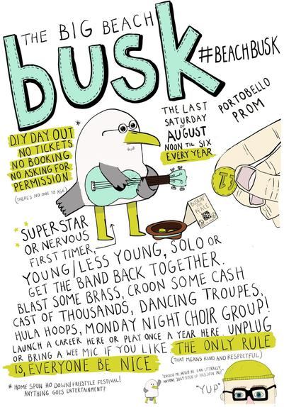 A poster for the Big Beach Busk on the last Saturday of August on Portobello prom. The poster features a seagull playing a guitar.