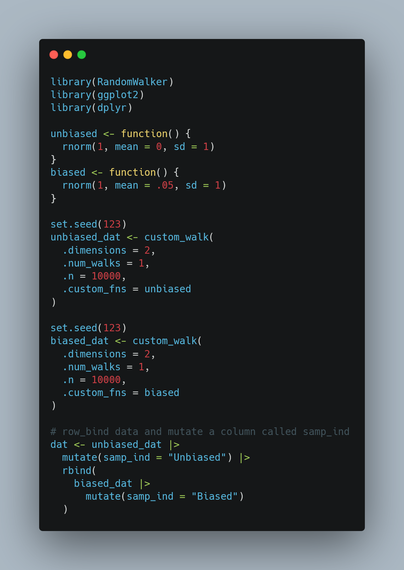 Sweating myself stupid for some reason, but here is some use of a new function for the next release. Looking at biased and non-biased random normal walks.