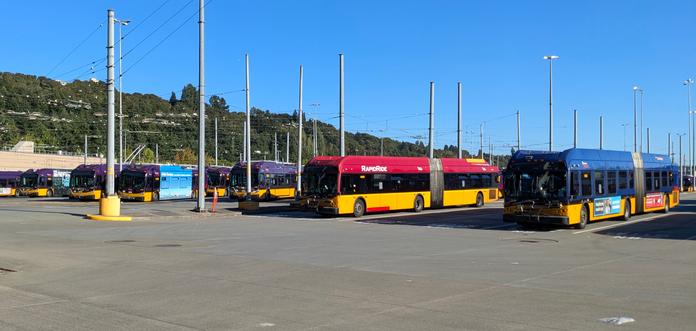 same base, a shot of some different buses including one in the rapid ride livery at the center