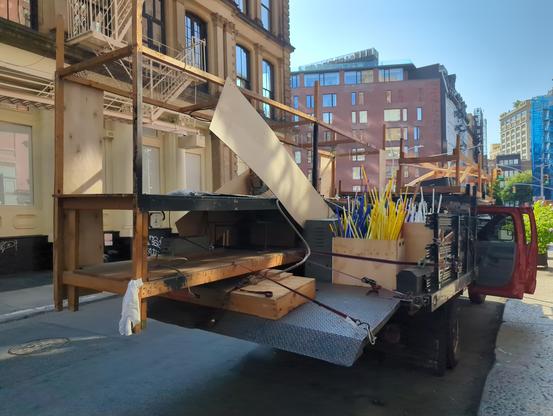 The Old Truck loaded up with the entire aging table, bombarding transformer, collection of vacuum pumps, bombarding table, glass scraps and lots of various tools amidst the once industrial Tribeca neighborhood- now almost all art galleries, an luxury event spaces. White rag tied to the back of the strapped down table makes it all legal :)