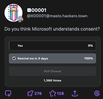 A poll on mastodon that says: Do you think Microsoft understands consent? - Yes 0% • Remind me in 3 days 100% Poll Closed 1,386 Votes