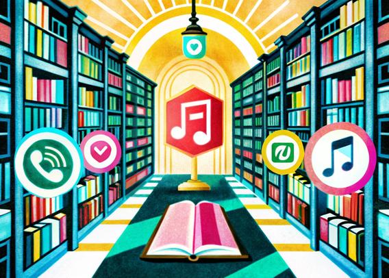 Das Bild zeigt eine stilisierte Bibliothek mit zwei hohen Bücherregalen, die sich perspektivisch nach hinten verjüngen. Im Zentrum steht ein geöffnetes Buch auf dem Boden, das in Richtung eines hell erleuchteten Bogengangs ausgerichtet ist. Darüber schwebt ein großes rotes Schild mit einem Musik-Notensymbol. Ringsum sind weitere bunte Symbole zu sehen, die an App-Icons erinnern – darunter ein Telefonhörer, ein Häkchen, ein Blatt, ein Musikzeichen und ein stilisiertes "V".
Die Szene wirkt wie eine Mischung aus Wissensarchiv und digitaler Plattform, in der traditionelle Bildung (Bücher) mit digitalen Medien (Icons) verknüpft wird. Lichtstrahlen im Hintergrund suggerieren Aufklärung oder Erkenntnis.