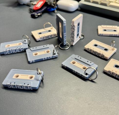 Sender Kulturverein Merch Keyrings. Look a like audio tapes. Event is Happening at 18.10.25