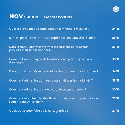 Nov - Simplifier l'usage des données
Quel est l’impact de l’open data et comment le mesurer ?
Bonnes pratiques et retours d’expérience en data visualisation
Data literacy : comment former les citoyens et les agents publics à l’usage des données ?
Comment accompagner la transition énergétique grâce aux données ?
Datajournalistes : Comment utiliser les données pour informer ?
Comment utiliser les données pour améliorer les mobilités ?
Comment utiliser les outils et produits géographiques ?
Comment mobiliser des étudiants sur des projets open data avec l'Open Data University ?
Quels outils pour faire de la cartographie ?
