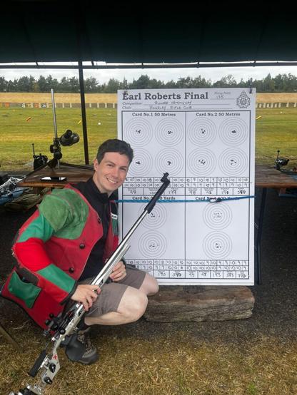 A man kneels next to a plotting board on a shooting range. He is holding an unloaded target rifle and wearing a red and green shooting jacket. The board is titled "Earl Roberts Final" and the shots on the target have been marked by a spotter along with estimated scores for the benefit of spectators.