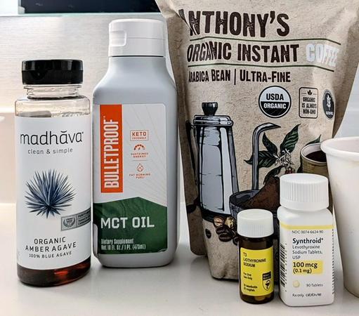 Eva getting the morning started with a combination of Agave nectar, MCT oil, dehydrated coffee, and two types of thyroid medication