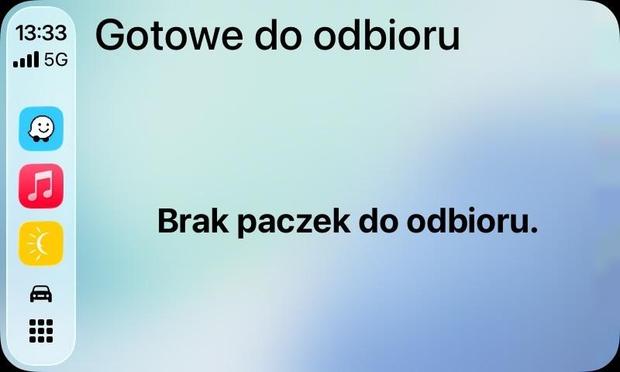 Ekran smartfona wyświetlający powiadomienie o odbiorze paczki. Wiadomość w języku polskim brzmi: “Gotowe do odbioru” i “Brak paczek do odebrania”. Czas jest pokazany jako 13:33 i widoczny jest wskaźnik sygnału 5G.