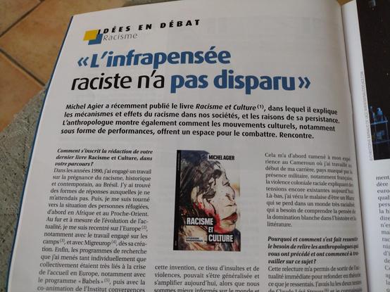 Début de l'entretien publié, avec le titre et la couverture du dernier livre de Michel Agier, Racisme et culture