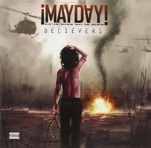 Album cover for  𝐁𝐞𝐥𝐢𝐞𝐯𝐞𝐫𝐬 𝐛𝐲 ¡𝐌𝐚𝐲𝐝𝐚𝐲!, portraying a dramatic war-torn scene. A shirtless figure with long hair, viewed from behind, stands in a desolate landscape holding a slingshot in one hand while scratching their head with the other. In the distance, a fiery explosion and a tornado dominate the smoky horizon, while helicopters fly above, adding to the atmosphere of chaos and conflict. The muted, dusty color palette enhances the bleak and apocalyptic tone of the artwork.