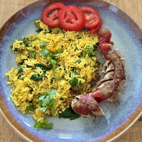 A close-up of my plate with the meal as described in the post.