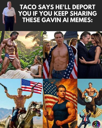 Various memes of Governor Newsome trolling Trump. First as Tarzan recusing Melania who is lying on the ground, he is in red, white and blue speedos. Second is Newsom, bare chested , wrapped  in the flag, in front of the White House with Ivanka to his right, Melanie behind. Third meme, Newsom and Melanie in dress black gazing into each other’s eyes. Fourth, Newsom bare chested as a cowboy with six shooters righting a Velociraptor, flag waving, fifth Newsom holding the American flag in sleeveless, dark blue shirt, fiery background, pickax in corner, like a 1930’s labor poster.  Last, Newsom , bare chested, again muscle bound, riding the American Eagle with Trump dangling from one claw.