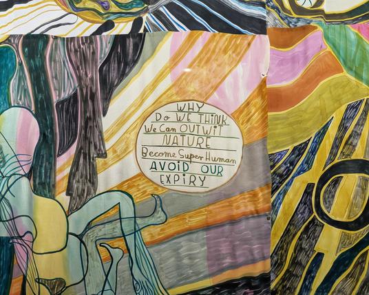 (detail)

Emma Talbot, “Where do we come from? What are we? Where are we going?”, 2022

https://www.kunstmuseum.nl/en/collection/where-do-we-come-what-are-we-where-are-we-going

Focus on text on fabric "Why do we think we can outwit nature become super human avoid our expiry"