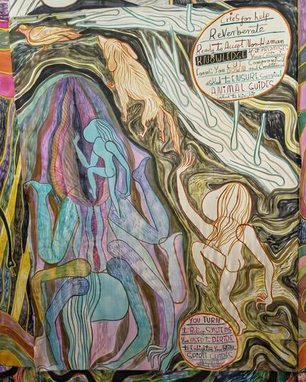 (detail)

Emma Talbot, “Where do we come from? What are we? Where are we going?”, 2022

https://www.kunstmuseum.nl/en/collection/where-do-we-come-what-are-we-where-are-we-going

Focus on two texts:

"Cries for help reverberate ready to accept non-human knowledge if it promises your continuing forms you cut down compromised and conditioned asked to ensure survival animal guides called to kinship"

and

"Your turn to belief systems you used to deride to enlighten your being spirit guides invoked without offering"