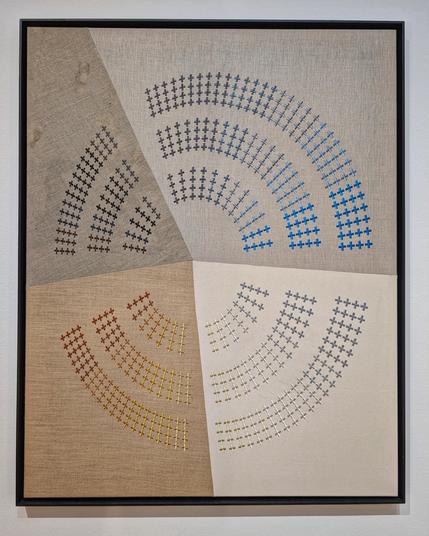 Frank Ammerlaan, Untitled (Hemicycle), 2018

(from the musem's description)

Untitled (Hemicycle) was inspired by the hemicycle, a semi-circular shape used in the design of many parliament bulidings. It is intended to encourage consensus rather than confruntation between political parties.

Materials used: Embroidery, dust, diet on teen, bate, canvas