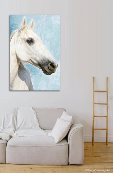 White horse on blue watercolor background in a furniture setting by artist Sharon Cummings.