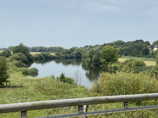 Blick auf einen ruhigen Fluss mit von Bäumen bewachsenen Ufern.