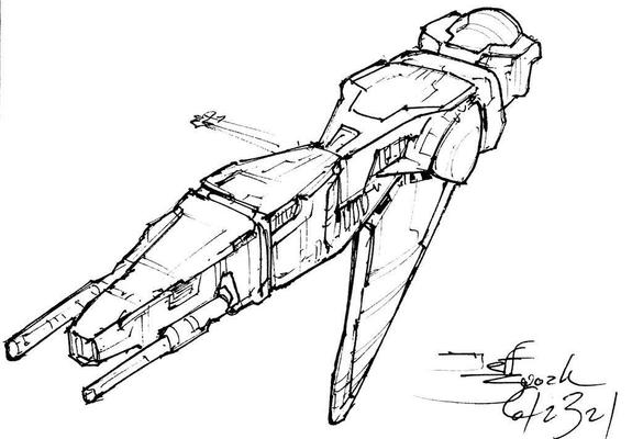 Black and white line art sketch of an imaginative sci fi spaceship. Each one is very different. Much more angular aggressive Phinn design with two prongs at front.