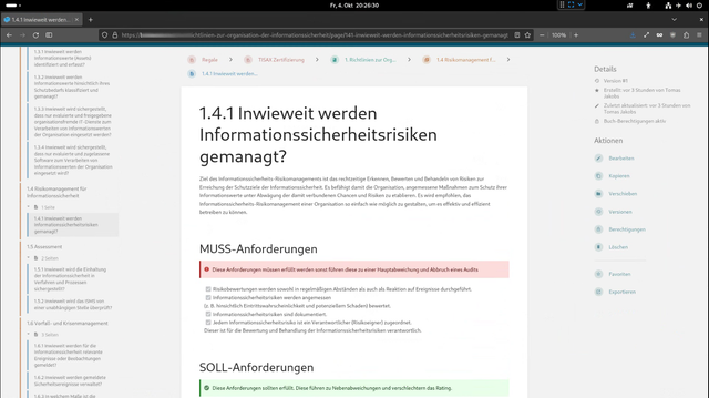 Screenshot aus einem Wissensmanagement-System (Bookstacks) mit dem ein Audit betrieben wird.