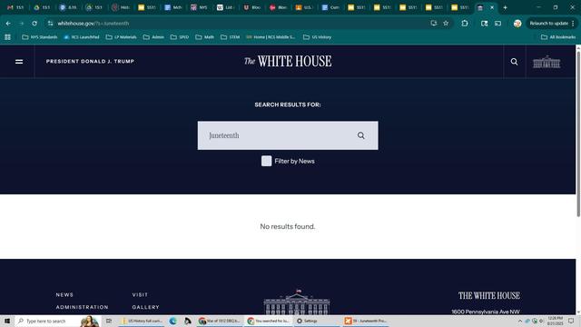 Screenshot from Whitehouse.gov search page. The search was for Juneteenth, which comes up with "No results found."
