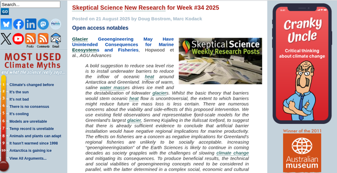 Screen capture of Skeptical Science website and latest article, "Skeptical Science New Research for Week #34, 2025."