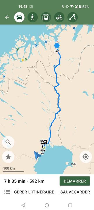 Map of the route between Alta, Norway and Luleå, Sweden showing distance 592km, duration 7h35