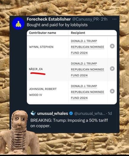 The image features a screenshot of a Twitter post by the account "Forecheck Establisher" ([@]Canussy_PR) with the caption "Bought and paid for by lobbyists." The post includes a table listing contributors and their recipients, with the following entries: "Wynn, Stephen" to "Donald J. Trump Republican Nominee Fund 2024," "Nāsir, EA" to the same fund, and "Johnson, Robert Wood IV" to the same fund. The background of the tweet is a textured stone wall, possibly referencing ancient Egyptian hieroglyphics. Below the table, there is another tweet from "unusual_whales" ([@]unusual_wha...) with the text "BREAKING: Trump: Imposing a 50% tariff on copper." The overall theme of the image appears to be a satirical commentary on political funding and tariffs.