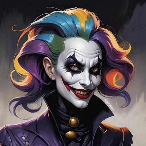 Trickster with multicolored hair, white painted face, and sinister smile in a surreal portrait — artwork by Rafael Salazar at RafaelSalazar.com