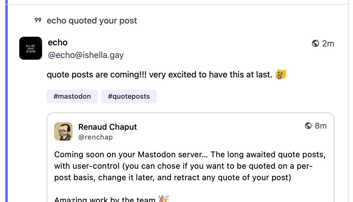 A screenshot of the Mastodon notification interface, showing a notification with a "echo quoted your post" label and a post by Echo quoting the original post of this thread