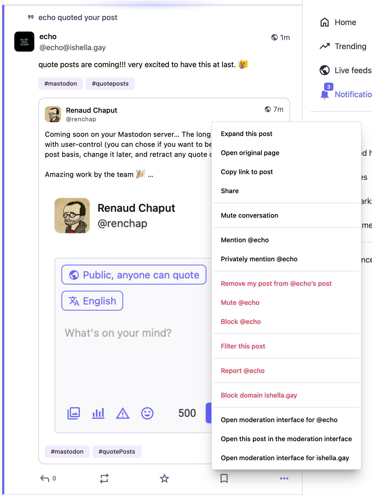 A screenshot of the Mastodon interface showing a post by Echo quoting one of mine, with the post menu open and a new "Remove my post from @echo's post" item