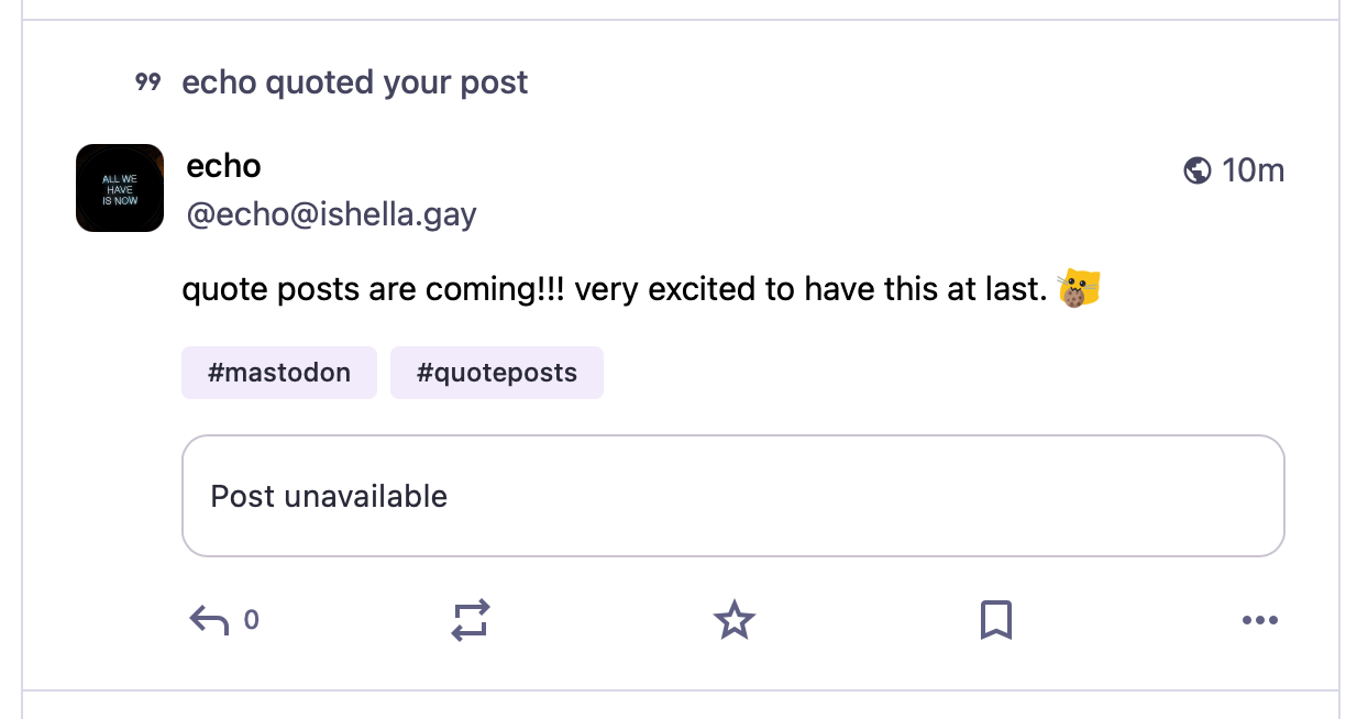 Screenshot of Echo's post, but the quote is replaced with "Post unavailable"