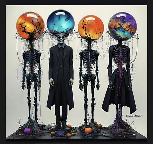 Skeleton figures with glowing orb-world heads alongside a skull-faced figure in a suit, surrounded by pumpkins and wires — artwork by Rafael Salazar at RafaelSalazar.com