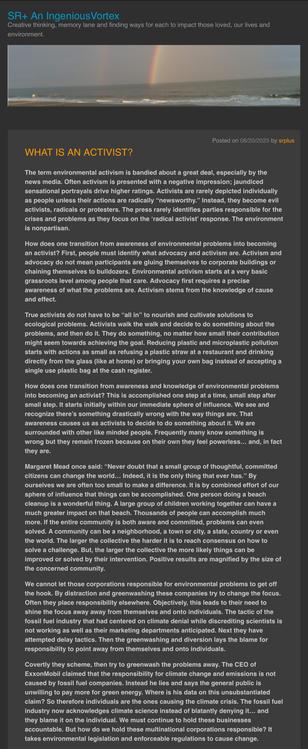 #EnvironmentalActivism,  #NaturalResources, #GreenWashing, #ReadMyBoog

Today’s blog article deals with environmental activism and fossil fuel and petrochemical corporations changing strategy. Read about it… 

WHAT IS AN ACTIVIST?

https://srplus.wordpress.com

sr+