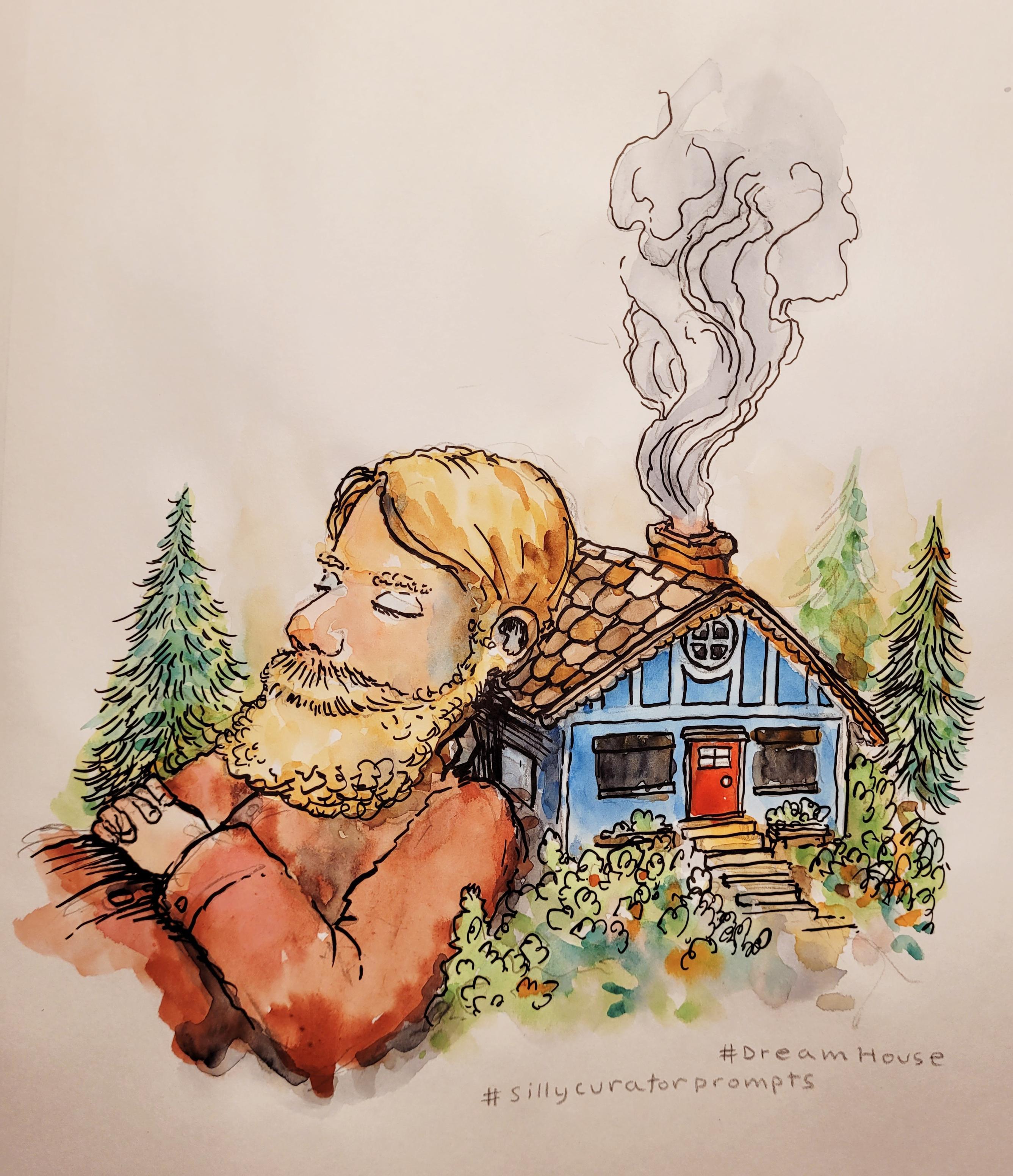 A watercolor drawing of a bearded giant napping and using a little blue cottage house as a pillow. There is smoke flowing from the chimney and a bright red door.