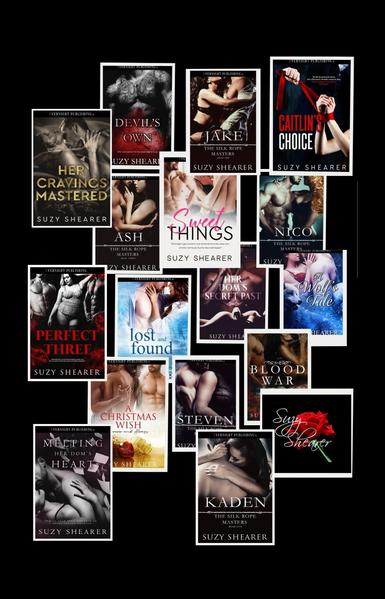 Black background with 17 book covers scattered on it. All books by the same author - Suzy Shearer - and same Publisher - Evernight Publishing.